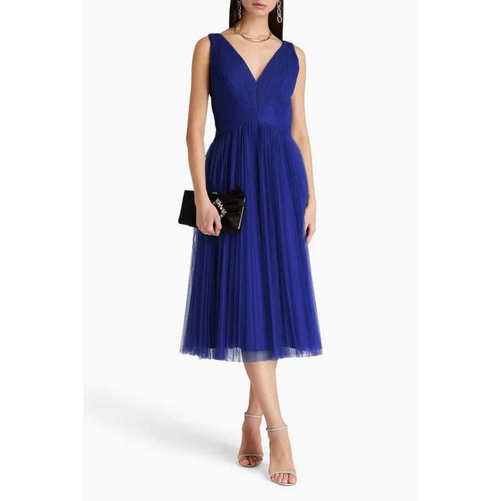 Zac Posen Royal Blue Pleated Tulle V-Neck Midi Dress Size 2 Sleeveless Formal
